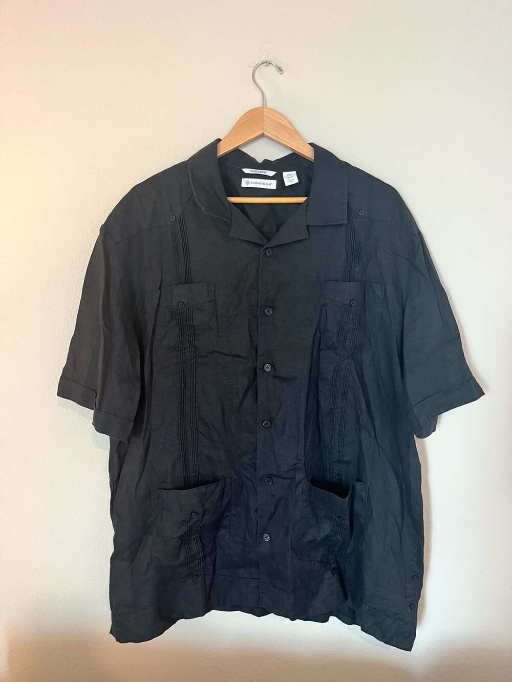 Cubavera, 2XL 100% Linen Short Sleeve Guayabera Shirt, Pheasant, Black